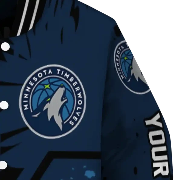 customized minnesota timberwolves hexagon cluster midnight blue black varsity jacket premium grade.webp