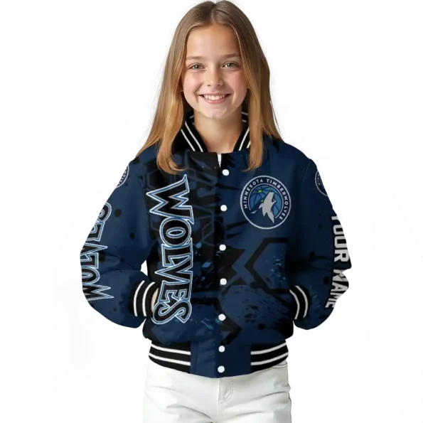 customized minnesota timberwolves hexagon cluster midnight blue black varsity jacket top rated.webp