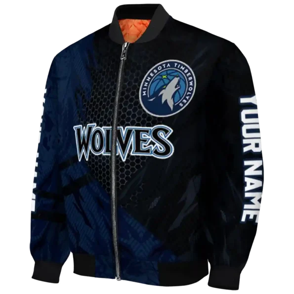 customized minnesota timberwolves hexagon mesh midnight blue black bomber jacket best selling