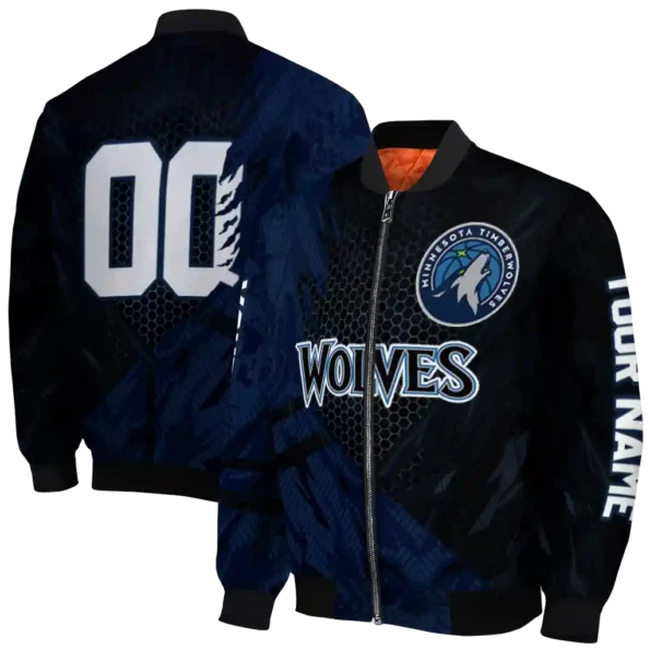 customized minnesota timberwolves hexagon mesh midnight blue black bomber jacket fashion forward