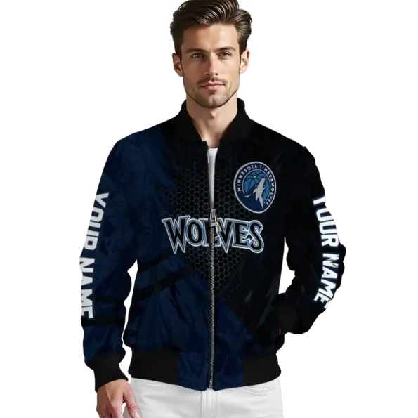 customized minnesota timberwolves hexagon mesh midnight blue black bomber jacket high quality