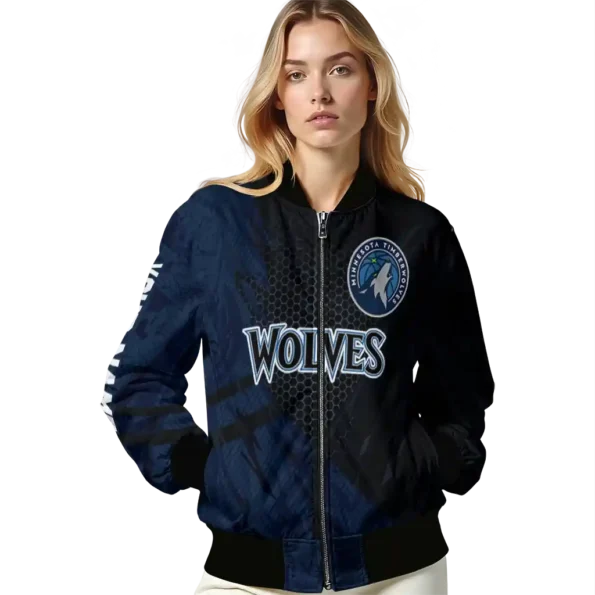 customized minnesota timberwolves hexagon mesh midnight blue black bomber jacket latest model