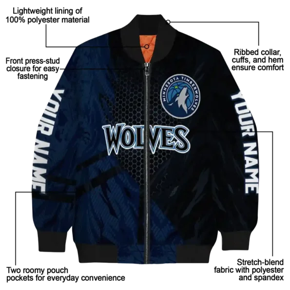 customized minnesota timberwolves hexagon mesh midnight blue black bomber jacket new arrival