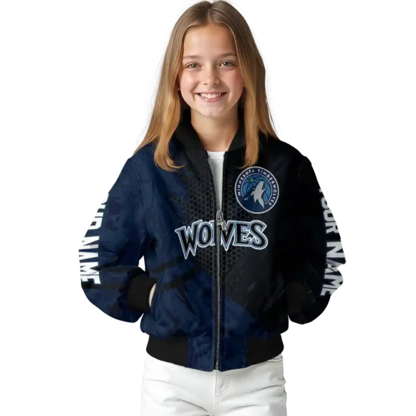 customized minnesota timberwolves hexagon mesh midnight blue black bomber jacket top rated