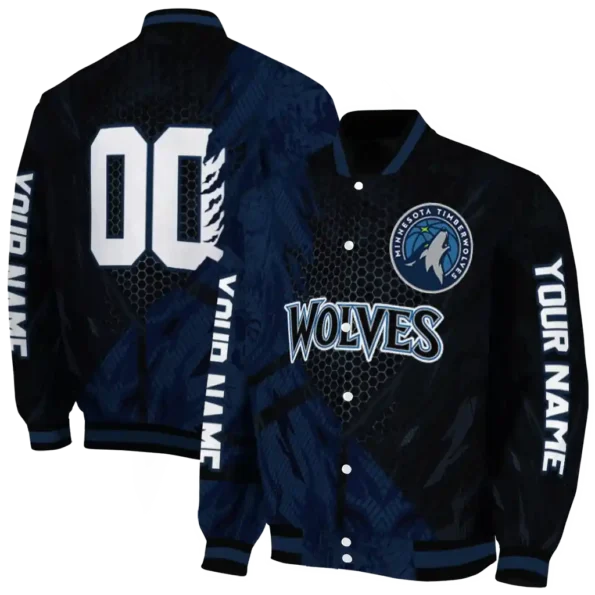 customized minnesota timberwolves hexagon mesh midnight blue black varsity jacket fashion forward.webp