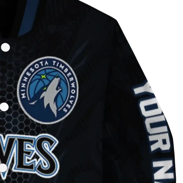 customized minnesota timberwolves hexagon mesh midnight blue black varsity jacket premium grade.webp