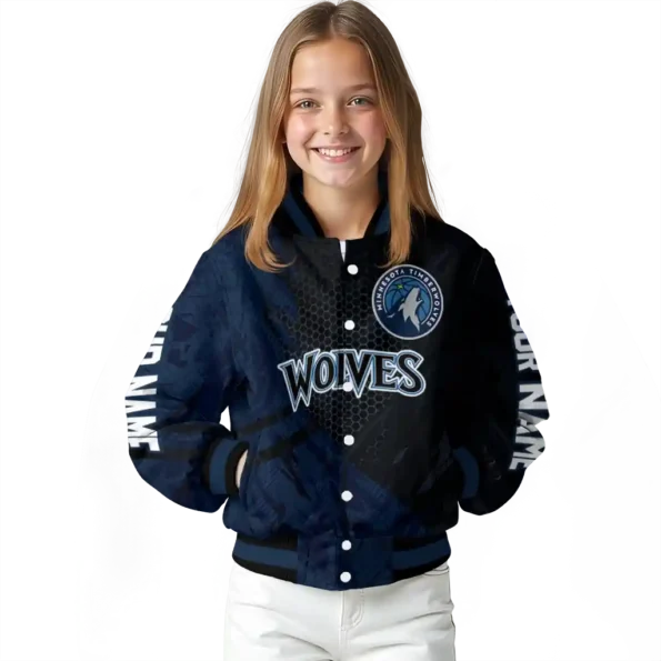customized minnesota timberwolves hexagon mesh midnight blue black varsity jacket top rated.webp