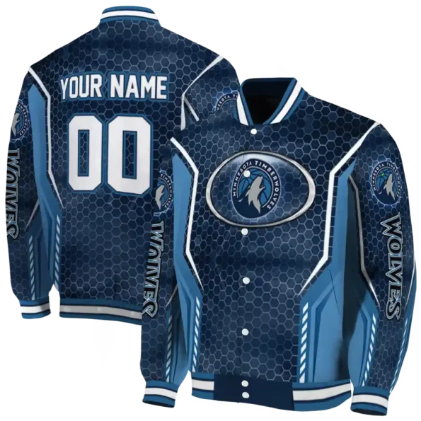 customized minnesota timberwolves power plate midnight blue varsity jacket fashion forward.webp