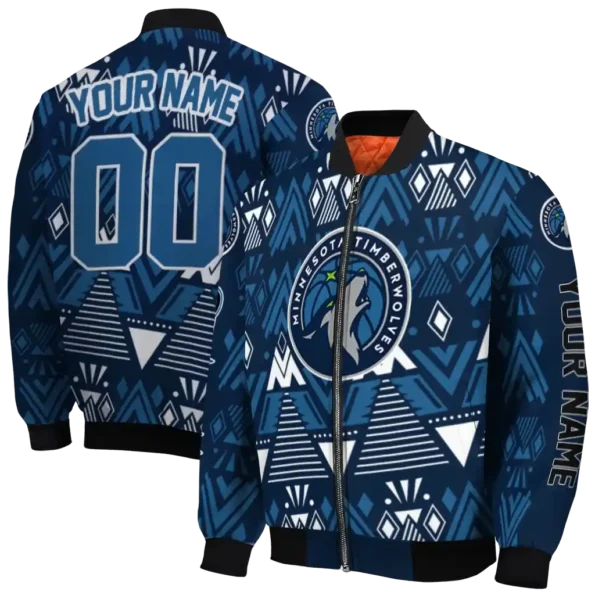 customized minnesota timberwolves pyramid shapes midnight blue bomber jacket fashion forward
