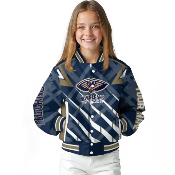 customized new orleans pelicans chevron angles navy varsity jacket top rated.webp