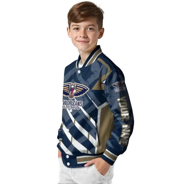 customized new orleans pelicans chevron angles navy varsity jacket trendy.webp