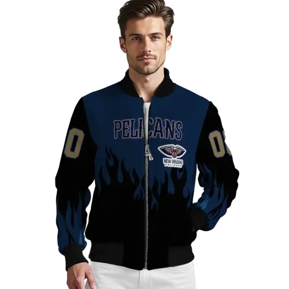 customized new orleans pelicans flame border navy black bomber jacket high quality