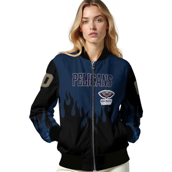 customized new orleans pelicans flame border navy black bomber jacket latest model