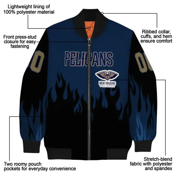 customized new orleans pelicans flame border navy black bomber jacket new arrival