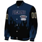 customized new orleans pelicans flame border navy black varsity jacket best selling.webp
