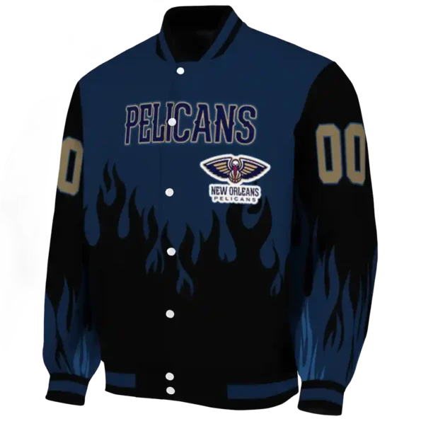 customized new orleans pelicans flame border navy black varsity jacket best selling.webp