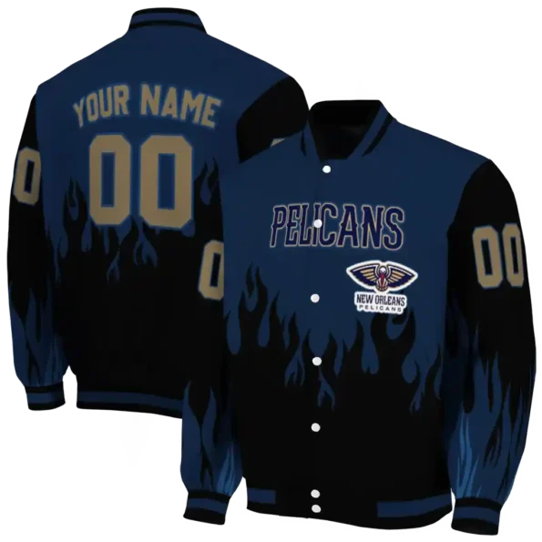 customized new orleans pelicans flame border navy black varsity jacket fashion forward.webp