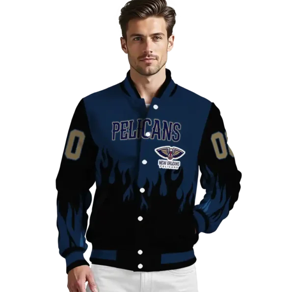 customized new orleans pelicans flame border navy black varsity jacket high quality.webp