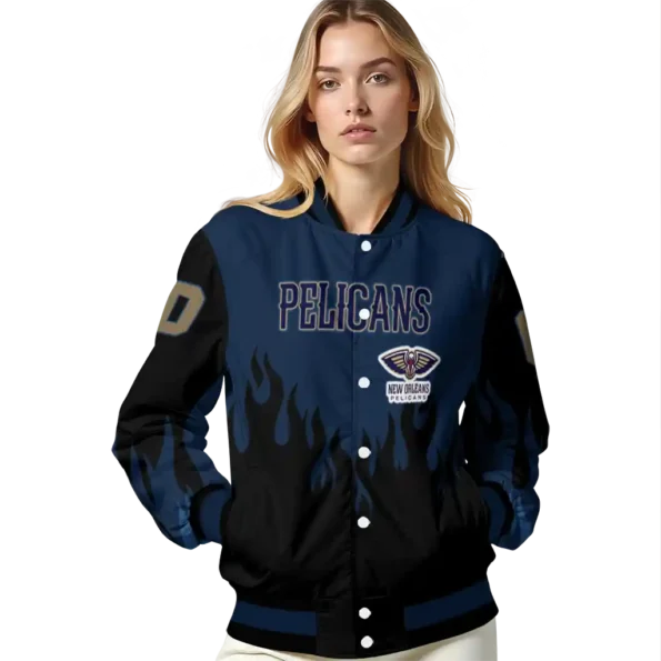 customized new orleans pelicans flame border navy black varsity jacket latest model.webp