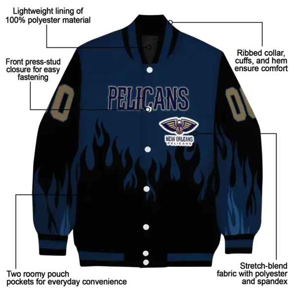 customized new orleans pelicans flame border navy black varsity jacket new arrival.webp