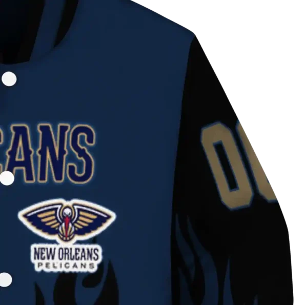 customized new orleans pelicans flame border navy black varsity jacket premium grade.webp