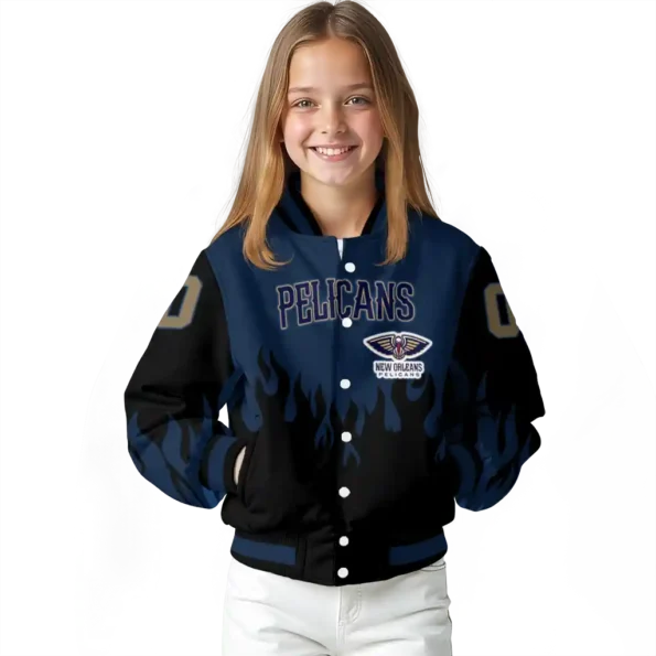 customized new orleans pelicans flame border navy black varsity jacket top rated.webp