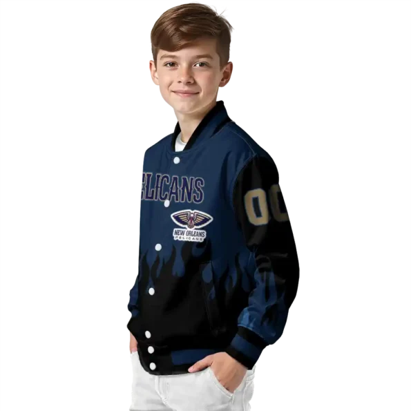 customized new orleans pelicans flame border navy black varsity jacket trendy.webp