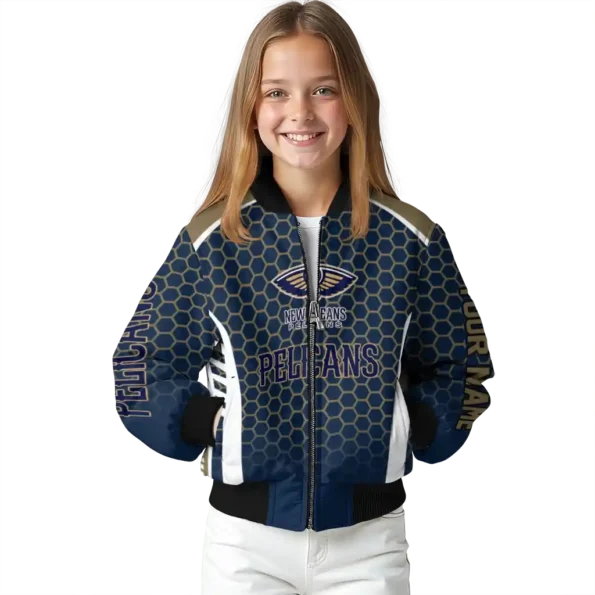 customized new orleans pelicans hexagon grid navy bomber jacket top rated
