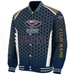 customized new orleans pelicans hexagon grid navy varsity jacket best selling.webp