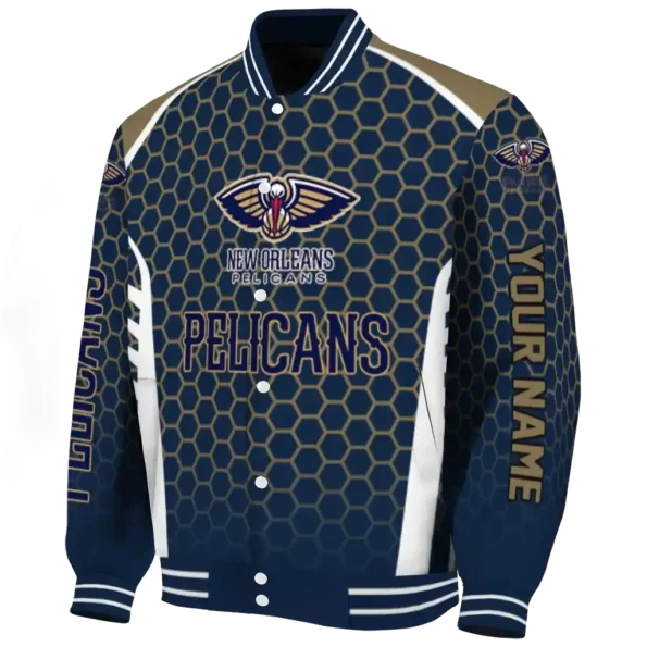 customized new orleans pelicans hexagon grid navy varsity jacket best selling.webp