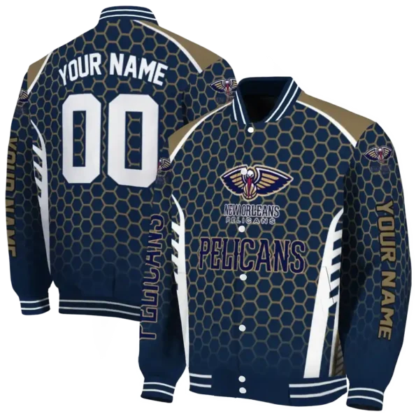 customized new orleans pelicans hexagon grid navy varsity jacket fashion forward.webp