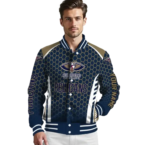 customized new orleans pelicans hexagon grid navy varsity jacket high quality.webp