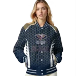 customized new orleans pelicans hexagon grid navy varsity jacket best selling.webp