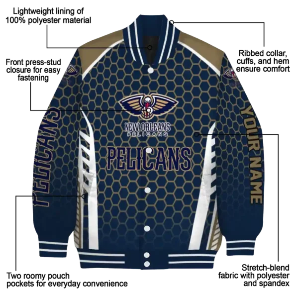 customized new orleans pelicans hexagon grid navy varsity jacket new arrival.webp