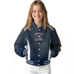 customized new orleans pelicans hexagon grid navy varsity jacket best selling.webp
