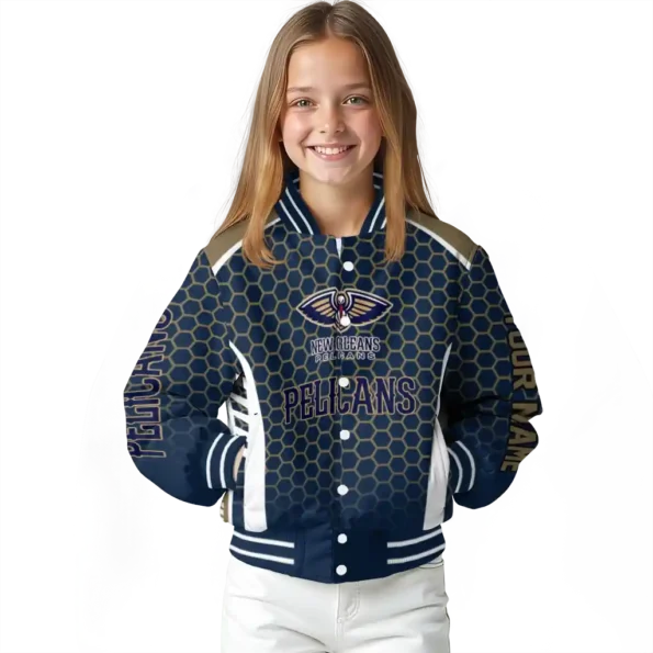 customized new orleans pelicans hexagon grid navy varsity jacket top rated.webp
