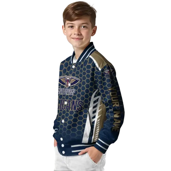 customized new orleans pelicans hexagon grid navy varsity jacket trendy.webp