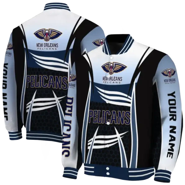 customized new orleans pelicans mesh effect navy black varsity jacket fashion forward.webp