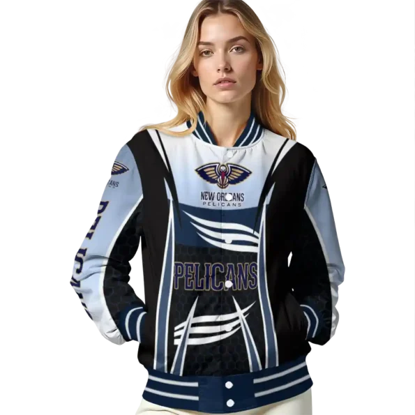 customized new orleans pelicans mesh effect navy black varsity jacket latest model.webp