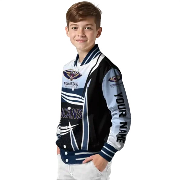 customized new orleans pelicans mesh effect navy black varsity jacket trendy.webp