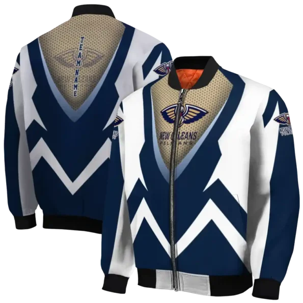 customized new orleans pelicans v stripes navy white bomber jacket fashion forward