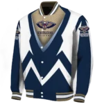 customized new orleans pelicans v stripes navy white varsity jacket best selling.webp