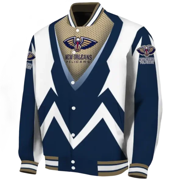 customized new orleans pelicans v stripes navy white varsity jacket best selling.webp