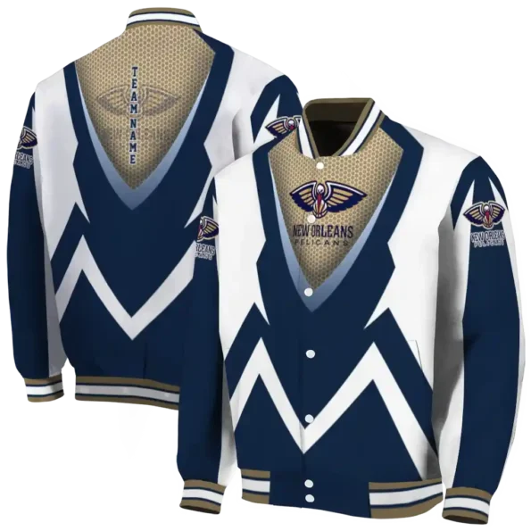 customized new orleans pelicans v stripes navy white varsity jacket fashion forward.webp