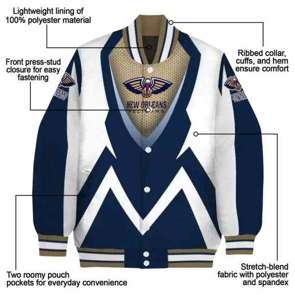customized new orleans pelicans v stripes navy white varsity jacket new arrival.webp