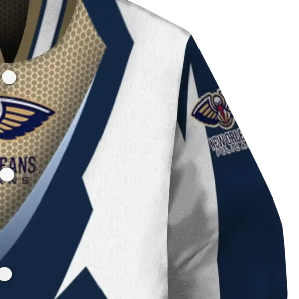 customized new orleans pelicans v stripes navy white varsity jacket premium grade.webp
