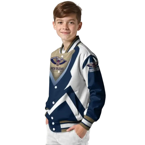 customized new orleans pelicans v stripes navy white varsity jacket trendy.webp
