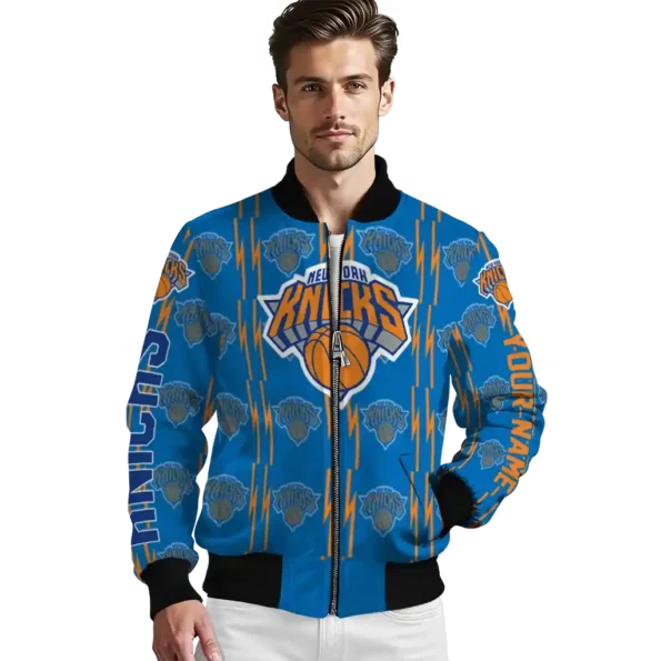 customized new york knicks bolt stripe blue bomber jacket high quality