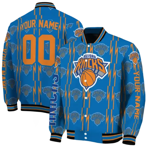 customized new york knicks bolt stripe blue varsity jacket fashion forward.webp