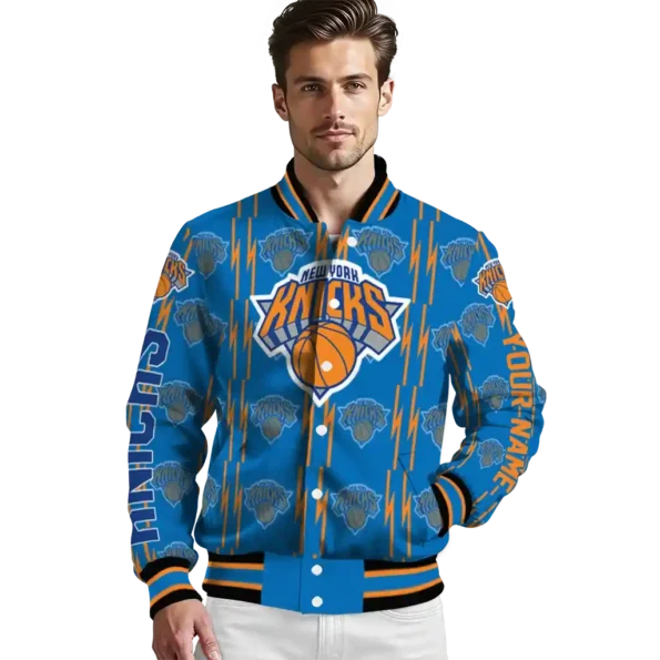 customized new york knicks bolt stripe blue varsity jacket high quality.webp